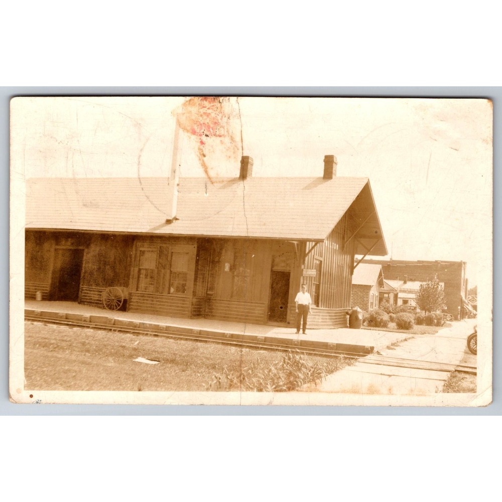 Milton Iowa Train Depot RPPC 1928 Postcard Vintage Railroad Station View